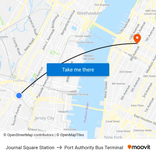 Journal Square Station to Port Authority Bus Terminal map