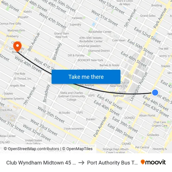 Club Wyndham Midtown 45 New York to Port Authority Bus Terminal map