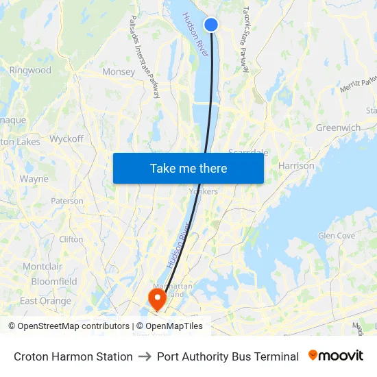 Croton Harmon Station to Port Authority Bus Terminal map