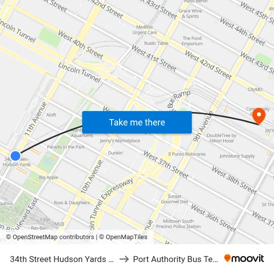 34th Street Hudson Yards Station to Port Authority Bus Terminal map