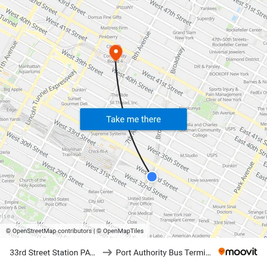 33rd Street Station PATH to Port Authority Bus Terminal map