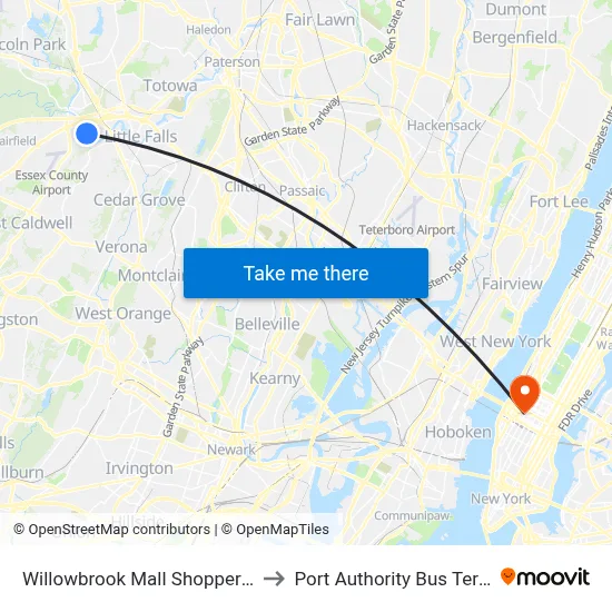 Willowbrook Mall Shoppers Stop to Port Authority Bus Terminal map