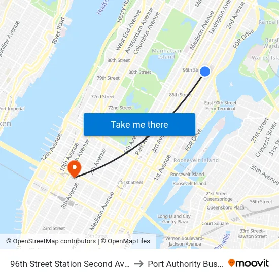 96th Street Station Second Avenue Subway to Port Authority Bus Terminal map