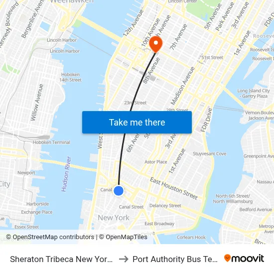 Sheraton Tribeca New York Hotel to Port Authority Bus Terminal map