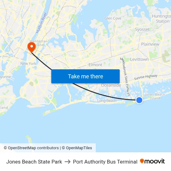 Jones Beach State Park to Port Authority Bus Terminal map