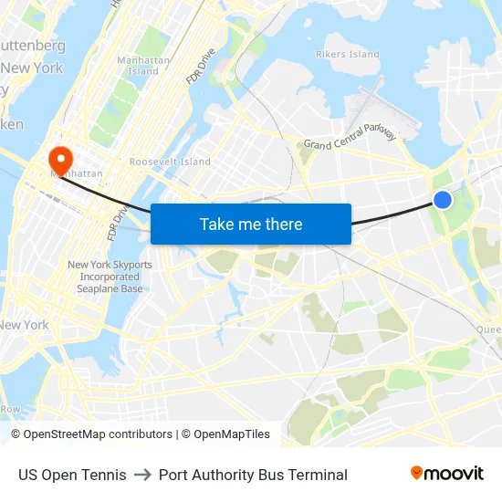 US Open Tennis to Port Authority Bus Terminal map