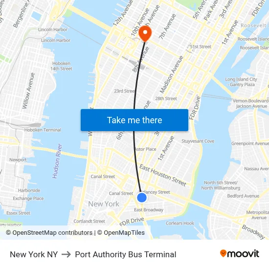 New York NY to Port Authority Bus Terminal map