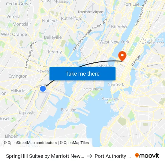 SpringHill Suites by Marriott Newark International Airport to Port Authority Bus Terminal map