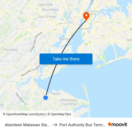 Aberdeen Matawan Station to Port Authority Bus Terminal map
