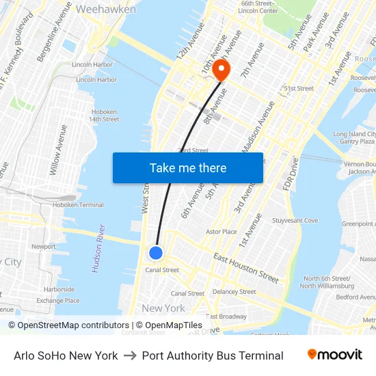 Arlo SoHo New York to Port Authority Bus Terminal map