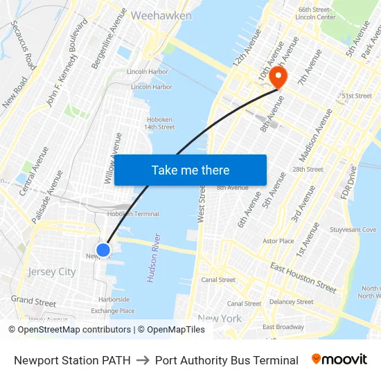 Newport Station PATH to Port Authority Bus Terminal map