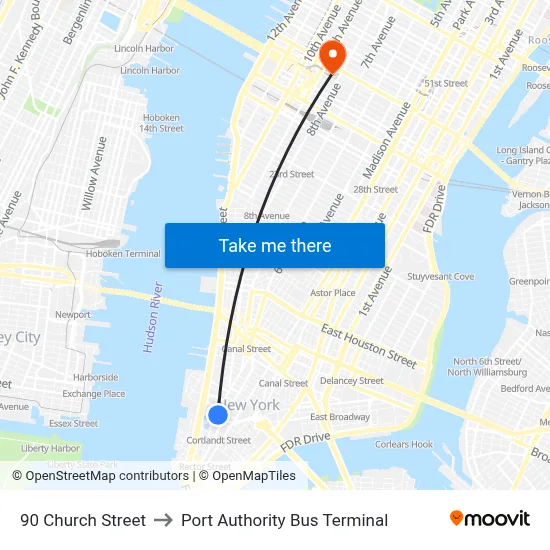 90 Church Street to Port Authority Bus Terminal map