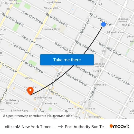citizenM New York Times Square to Port Authority Bus Terminal map