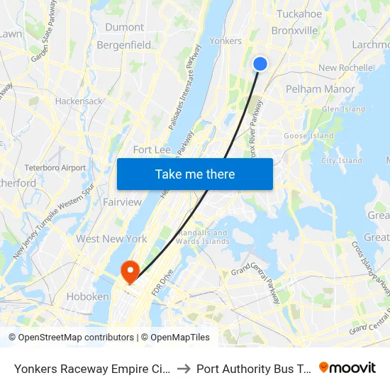 Yonkers Raceway Empire City Casino to Port Authority Bus Terminal map