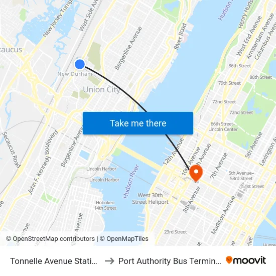 Tonnelle Avenue Station to Port Authority Bus Terminal map