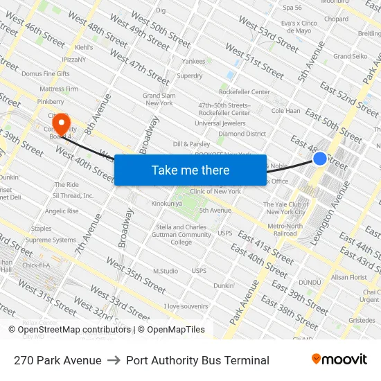 270 Park Avenue to Port Authority Bus Terminal map