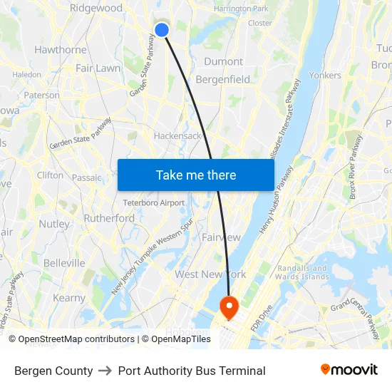 Bergen County to Port Authority Bus Terminal map