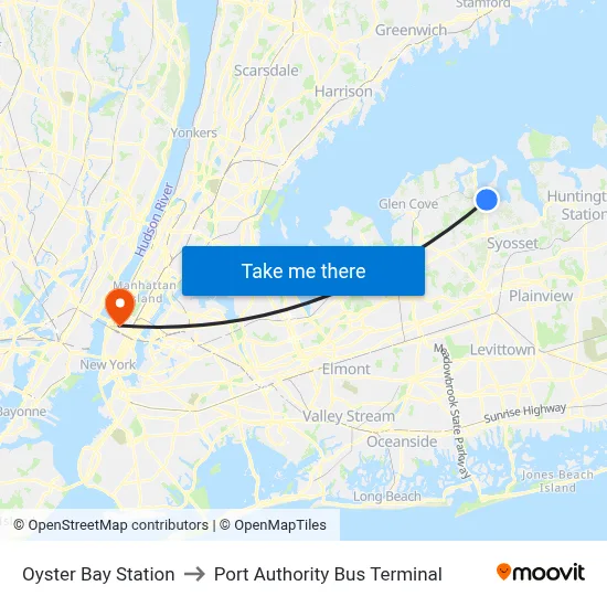 Oyster Bay Station to Port Authority Bus Terminal map