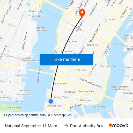 National September 11 Memorial Museum to Port Authority Bus Terminal map