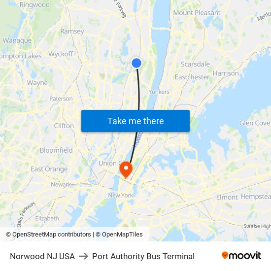 Norwood NJ USA to Port Authority Bus Terminal map