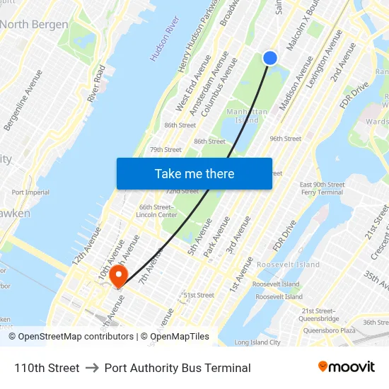 110th Street to Port Authority Bus Terminal map