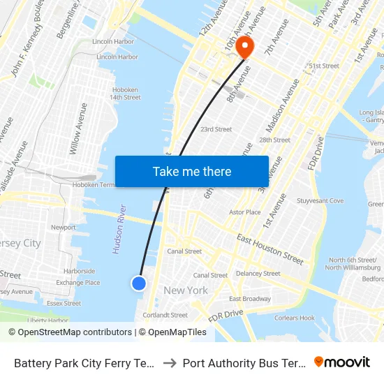Battery Park City Ferry Terminal to Port Authority Bus Terminal map