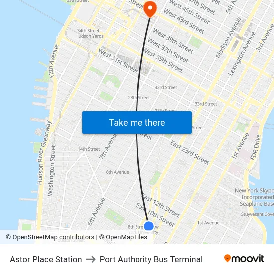 Astor Place Station to Port Authority Bus Terminal map