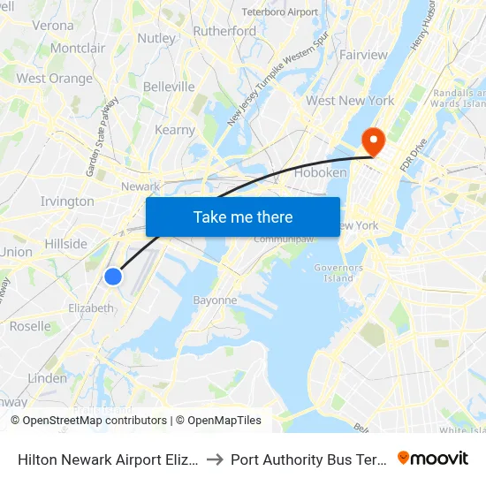 Hilton Newark Airport Elizabeth to Port Authority Bus Terminal map