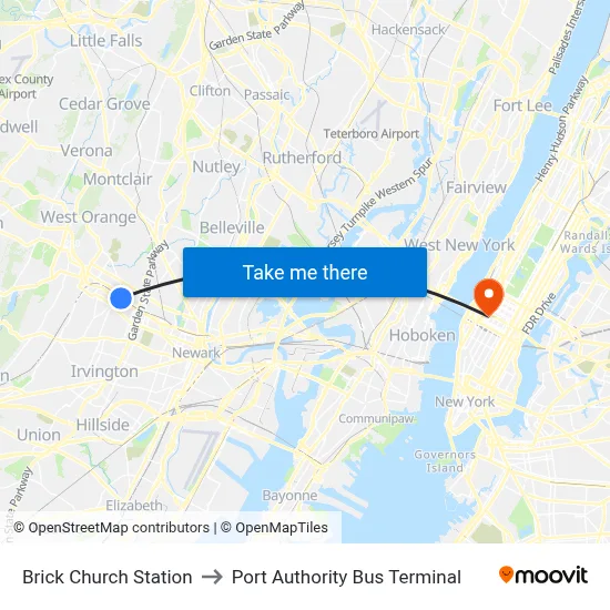 Brick Church Station to Port Authority Bus Terminal map