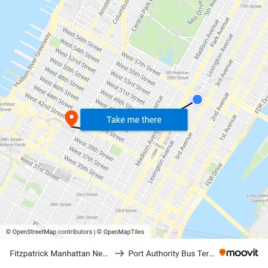 Fitzpatrick Manhattan New York to Port Authority Bus Terminal map
