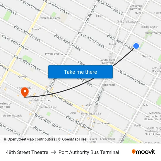 48th Street Theatre to Port Authority Bus Terminal map
