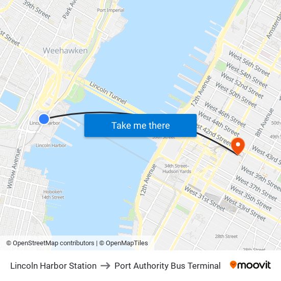 Lincoln Harbor Station to Port Authority Bus Terminal map