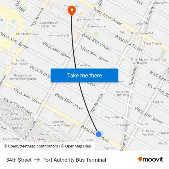 34th Street to Port Authority Bus Terminal map