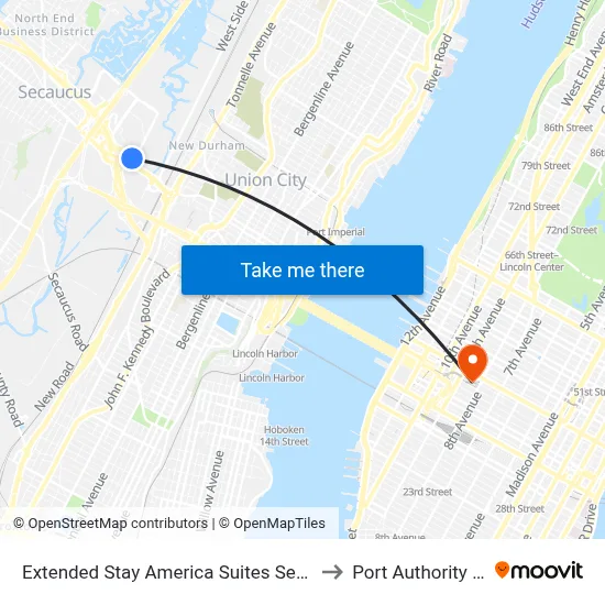 Extended Stay America Suites Secaucus New York City Area to Port Authority Bus Terminal map