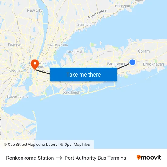 Ronkonkoma Station to Port Authority Bus Terminal map