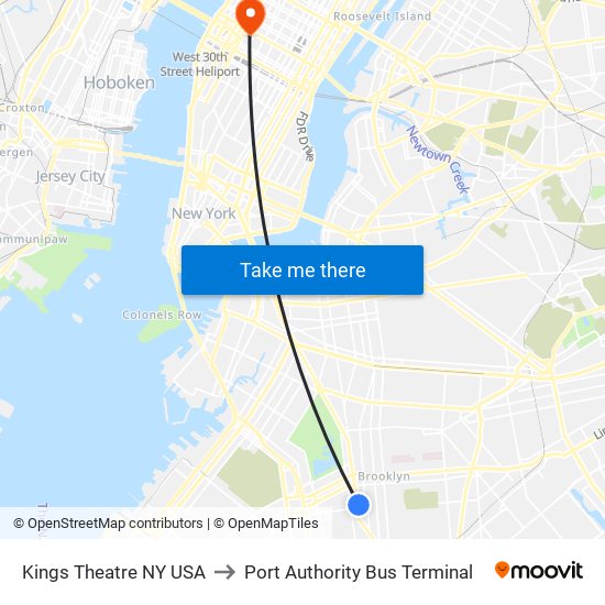 Kings Theatre NY USA to Port Authority Bus Terminal map
