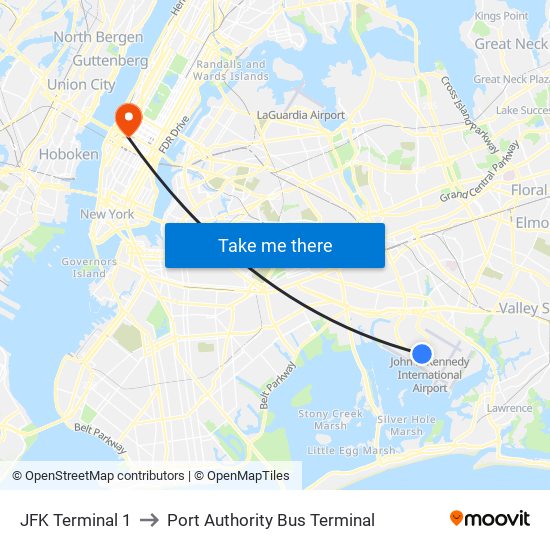 JFK Terminal 1 to Port Authority Bus Terminal map