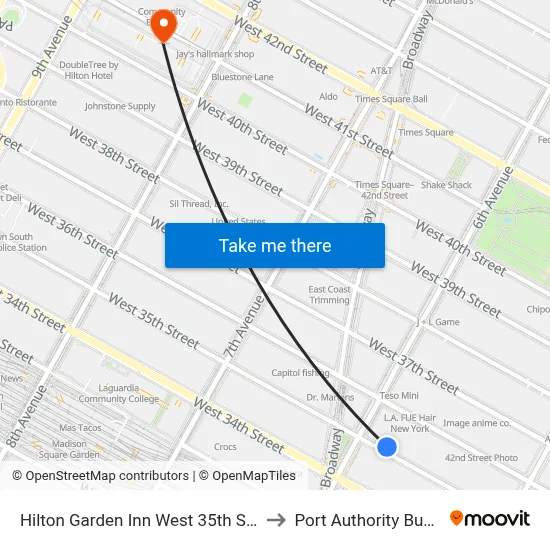 Hilton Garden Inn West 35th Street New York to Port Authority Bus Terminal map
