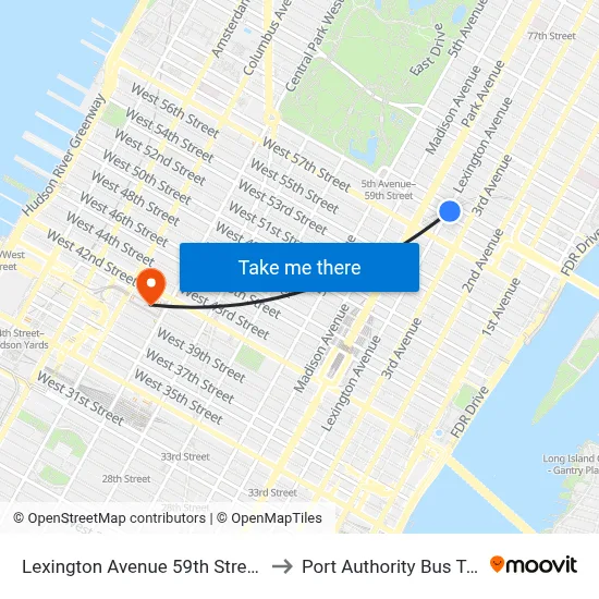 Lexington Avenue 59th Street Station to Port Authority Bus Terminal map