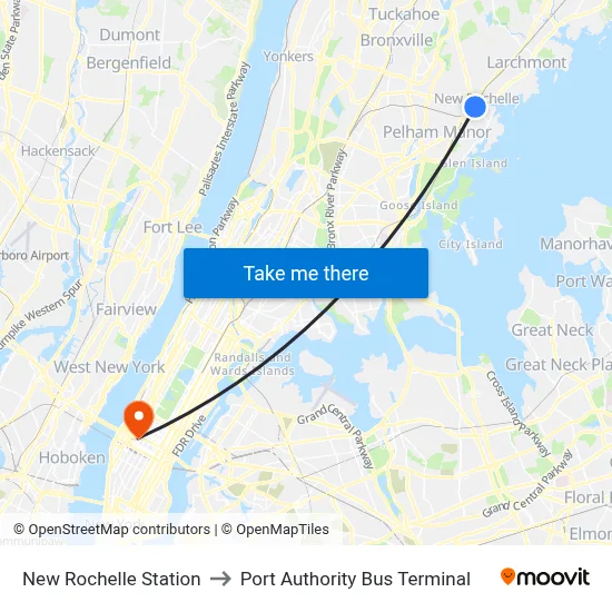 New Rochelle Station to Port Authority Bus Terminal map