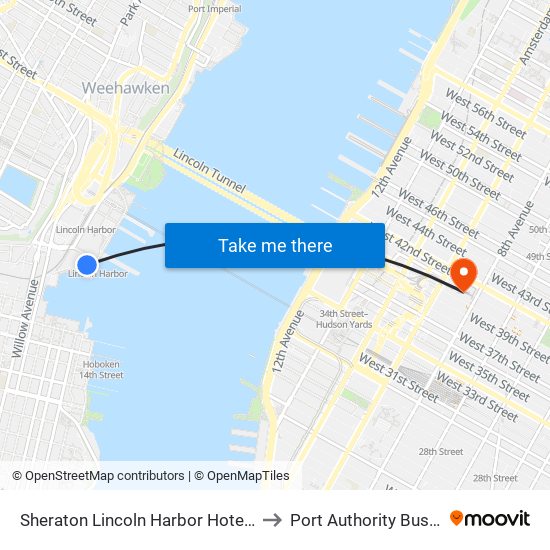Sheraton Lincoln Harbor Hotel Weehawken to Port Authority Bus Terminal map