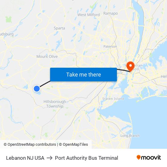 Lebanon NJ USA to Port Authority Bus Terminal map