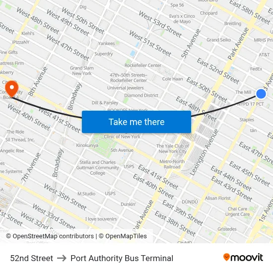 52nd Street to Port Authority Bus Terminal map