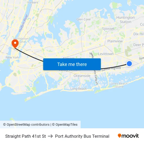 Straight Path 41st St to Port Authority Bus Terminal map