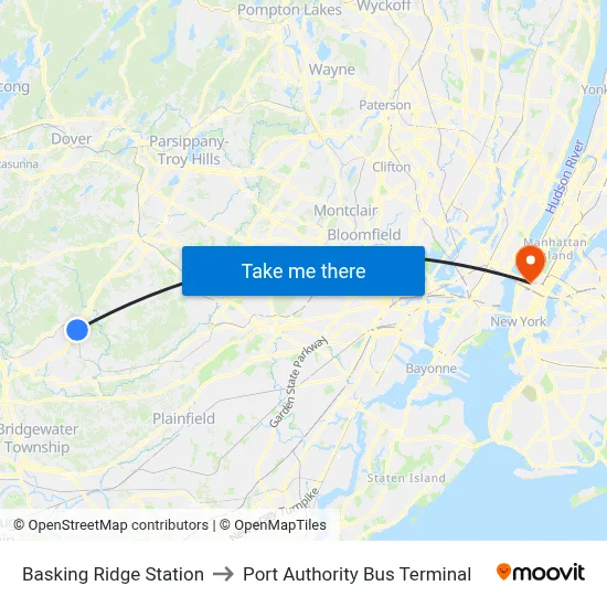 Basking Ridge Station to Port Authority Bus Terminal map