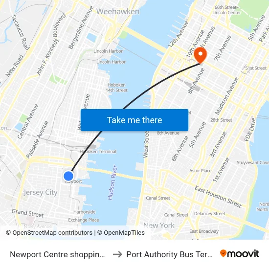 Newport Centre shopping mall to Port Authority Bus Terminal map