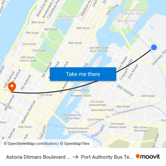 Astoria Ditmars Boulevard Station to Port Authority Bus Terminal map