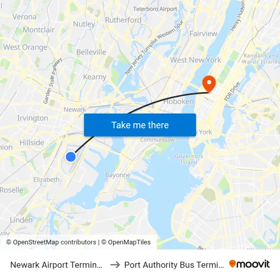 Newark Airport Terminal B to Port Authority Bus Terminal map