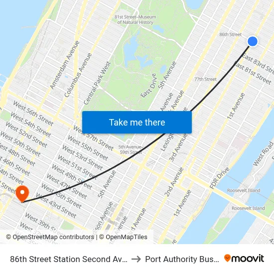 86th Street Station Second Avenue Subway to Port Authority Bus Terminal map