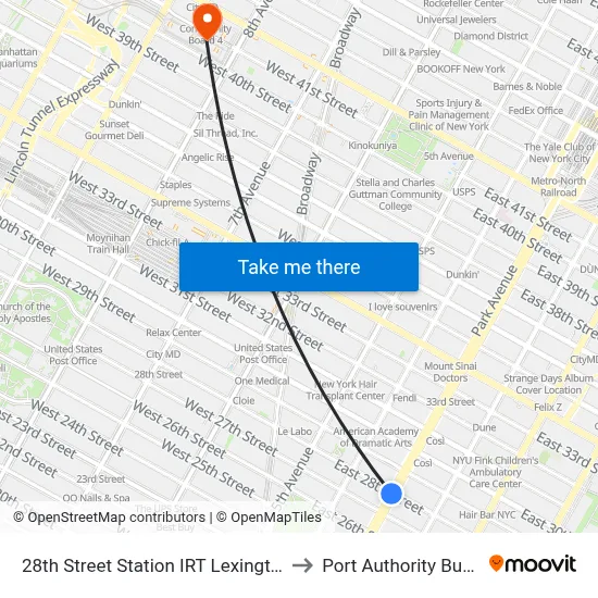 28th Street Station IRT Lexington Avenue Line to Port Authority Bus Terminal map